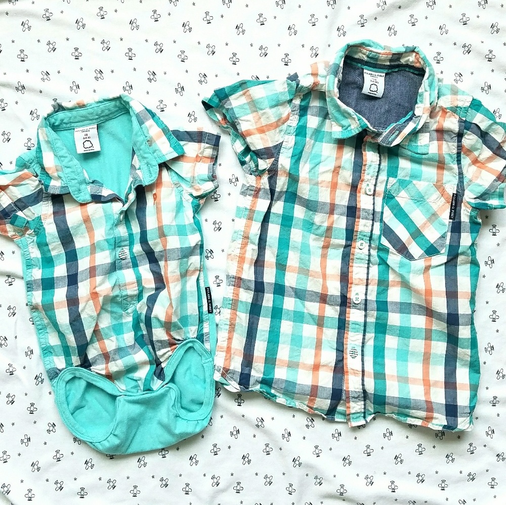 Matching sibling set, checkered pastel print.